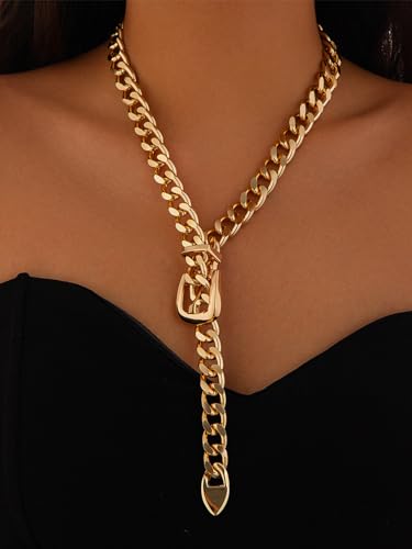 Cuban Link Chain Necklace Punk Belt Buckle Shaped Chunky Choker Necklace Statement Thick Chain Necklace Jewelry Gifts for Women Men - color: Style1-gold-long