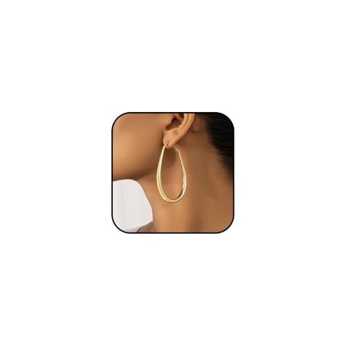 Chunky Large Oval Hoop Earrings for Women Sparkly Gold Teardrop Dangle Earrings Thick Bold Silver Hoop Drop Earrings Oval Stainless Steel Hoop Earrings Fashion Costume Jewelry Accessories - color: Gold