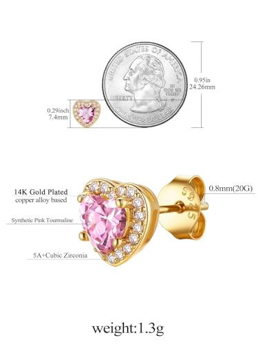 FindChic Birthstone Earrings for Women, Round/Heart/Square/Teardrop Earrings with 925 Sterling Silver Posts & Push Backs, Hypoallergenic Studs with Cubic Zirconia, 12 Months Jewelry with Gift Box - style: 10. October-Pink Tourmaline (Heart-Gold)