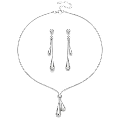 Stainless Steel Teardrop Jewelry Set for Women | Gold Plated Teardrop Jewelry Set for Women,Tarnish Dainty Lariat Necklace,Drop Earrings,Bridal Gift for Wedding Valentine - color: Style 2
