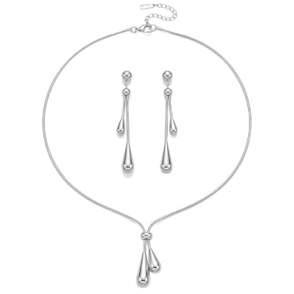 Stainless Steel Teardrop Jewelry Set for Women | Gold Plated Teardrop Jewelry Set for Women,Tarnish Dainty Lariat Necklace,Drop Earrings,Bridal Gift for Wedding Valentine - color: Style 2