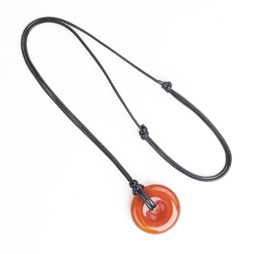 FANASY Natural Gemstone Pendant Necklce Lucky Coin Crystal Necklace Protection Donut Pendnat with Adjustable Rope for Men Women - color: Red Agate