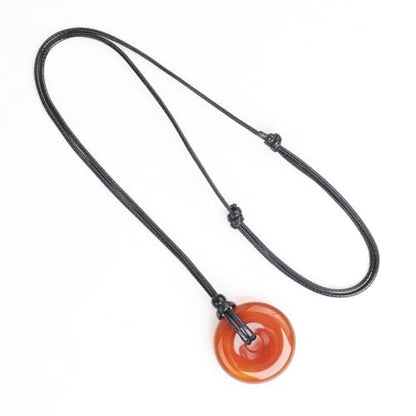 FANASY Natural Gemstone Pendant Necklce Lucky Coin Crystal Necklace Protection Donut Pendnat with Adjustable Rope for Men Women - color: Red Agate