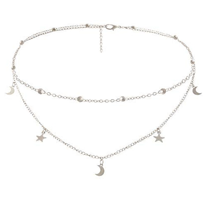 BaubleStar Star Moon Charm Necklace Layering Chain Choker for Women - color: Silver