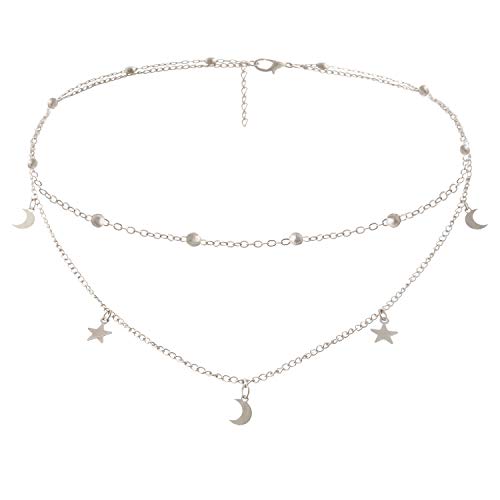 BaubleStar Star Moon Charm Necklace Layering Chain Choker for Women - color: Silver