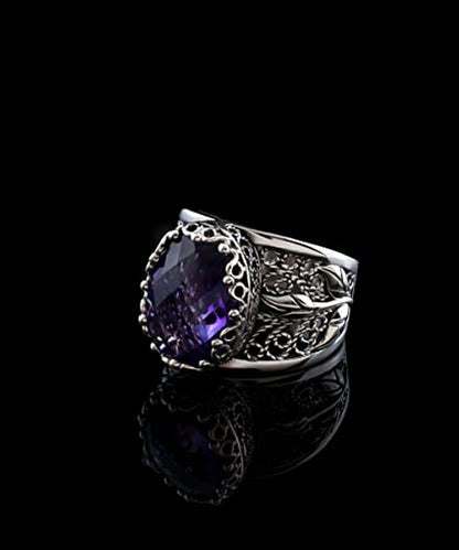 Filigranist 925 Sterling Silver Filigree Art Lace Embroidery Tulip Detailed Gemstone Women Cocktail Ring, Luxurious Gift Boxed - color: Amethyst