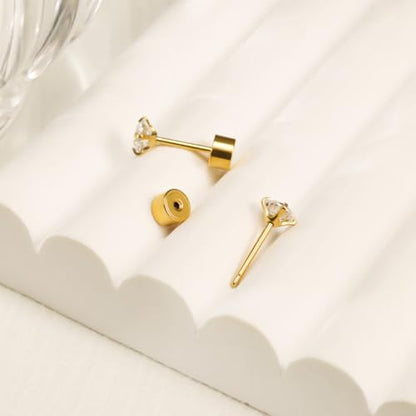 5-6 pairs Push-in Flat Back Stud Earrings Hypoallergenic Surgical Stainless Steel Cubic Zirconia Earrings Studs Set Multi-Pack, CZ Stud Earrings for Women Men Trendy Cartilage Stud Earrings 2-8mm - color: Gold-2/3/4mm(6pairs）