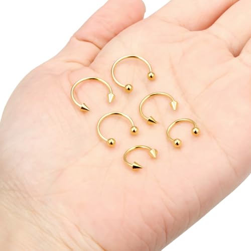 6PCS Septum Rings 18G Stainless Steel Nose Septum Ring Horseshoe Earring Eyebrow Lip Smiley Piercing Jewelry for Women Men Inner Diameter 8mm/10mm/12mm - color: goldtone,ball+spike closure