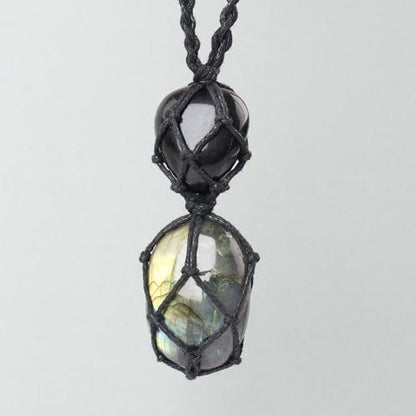 Anjiucc Handmade Crystal Cage Holder with Raw Gemstone Pendant Necklace Natural Stone Healing Crystal Necklace Adjustable Length - color: Labradorite+Black Obsidian