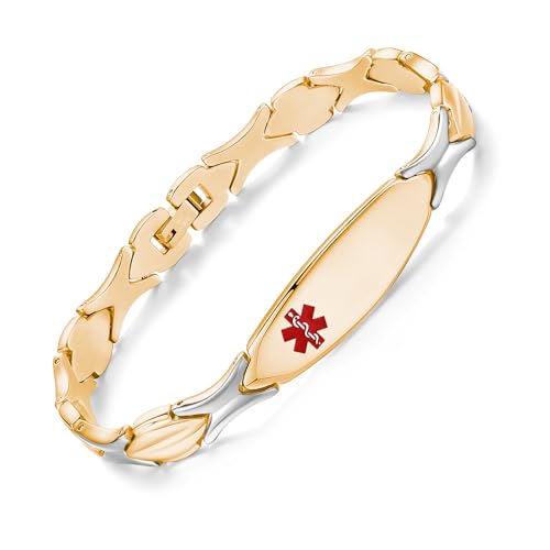 LinnaLove Fashion Shiny medical alert bracelet with Free Engraving Stainless steel Medical id bracelet for Women - color: Front-Gold
