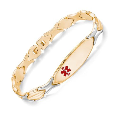 LinnaLove Fashion Shiny medical alert bracelet with Free Engraving Stainless steel Medical id bracelet for Women - color: Front-Gold
