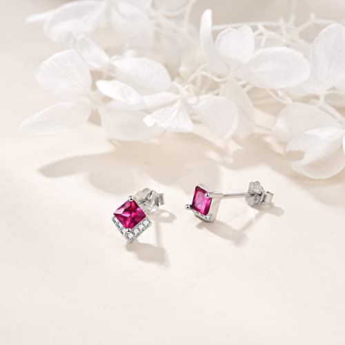 Birthstone Stud Earrings Sterling Silver Square Created Crystal Earrings Cubic Zirconia Hypoallergenic Piercing Jewelry Small Gifts for Women Mothers - color: Jul-Ruby