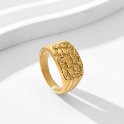 Gold Plated Nugget Ring for Men & Women – Stainless Steel Chunky Hip Hop Rings - Hypoallergenic Unisex Jewelry – US Size 5-13 – Gift Box Included - color: Gold