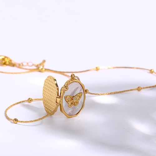 Locket Necklace for Women, Vintage Dainty Gold Heart Oval Butterfly Star Moon Engraved Picture Photo Lockets Pendant Necklaces Memorial Necklace Personalized Jewelry Valentine Gifts - style: Oval Butterfly