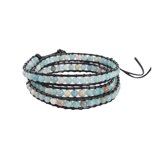 Handmade Alloy Leather Natural Stone Bead Statement Bracelet Bangle Cuff Rope 3 Wrap Adjustable Jewelry Collection - color: Amazonite & Black Leather Cord