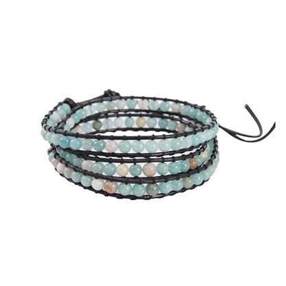 Handmade Alloy Leather Natural Stone Bead Statement Bracelet Bangle Cuff Rope 3 Wrap Adjustable Jewelry Collection - color: Amazonite & Black Leather Cord