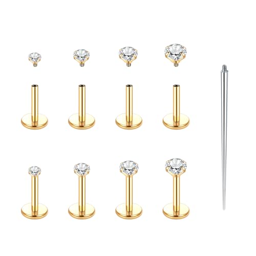 Xpircn Flat Back Stud Earrings 14K Gold Plated Internally Threaded CZ Stud Piercing Jewelry for Tragus Helix Cartilage Conch Nose Hypoallergenic Lip Labret Medusa Piercing 16G 18G - color: 18 Gauge, Gold, size: 6mm Bar
