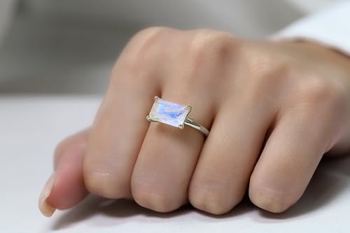 Emerald Cut Moonstone Ring - Rainbow Moonstone Solitaire - Sterling Silver June Birthstone - Minimalist Rectangle Gemstone Ring