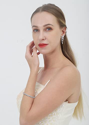 Elegant Marquise CZ Wedding Jewelry Set for Women Bride Bridesmaid | Sparkling Cubic Zirconia Earrings Bracelet, Prom Homecoming & Formal Occasions Accessories - color: White Gold