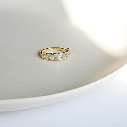 espere Emerald Cut Bezel Set CZ Halfway Eternity Band | 7 Stone Wedding Anniversary Band Bridal Set - color: Large CZ - 4*3mm