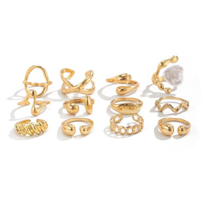 Chunky Gold Rings for Women Gold Baroque Pearl Rings Open Adjustable Pearl Ring Stacking Knuckles Rings Set Boho Prom Costume Fashion Jewelry for Women 2026 - style: 12pcs Gold