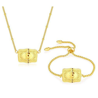 2 Pcs Belt Buckle Initial Necklace Bracelet Jewelry Set for Women, 18K Gold/Silver Plated Belt Buckle Initial A-Z Necklace Bracelet Set Unique Western Style Jewelry Gifts - style: Gold-E