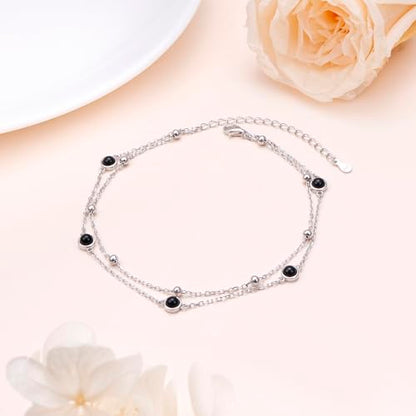 Flyow Anklet for Women S925 Sterling Silver Adjustable Foot Beaded Heart Charm Ankle Bracelet Anklets Jewelry - style: Black Onyx