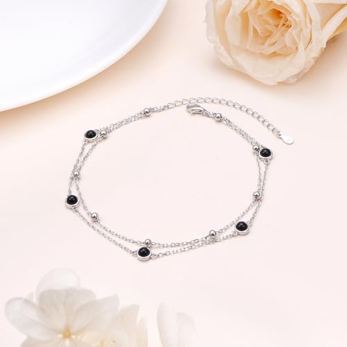 Flyow Anklet for Women S925 Sterling Silver Adjustable Foot Beaded Heart Charm Ankle Bracelet Anklets Jewelry - style: Black Onyx