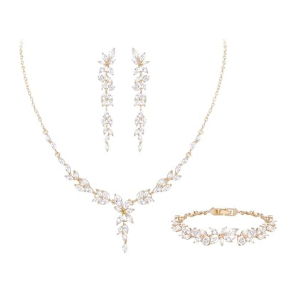 Crysdue Wedding Jewelry Set for Brides Bridesmaid, Cubic Zirconia Teardrop Marquise Leaf Cluster Pendant Necklace Bridal Tennis Bracelet Drop Earrings for Women Party Prom - style: C- Marquise CZ-gold