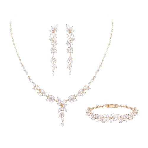 Crysdue Wedding Jewelry Set for Brides Bridesmaid, Cubic Zirconia Teardrop Marquise Leaf Cluster Pendant Necklace Bridal Tennis Bracelet Drop Earrings for Women Party Prom - style: C- Marquise CZ-gold