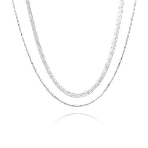 3PCS Gold Necklaces for Women,Chunky Statement Gold Plated Necklace Stack Layered Sterling Silver Herringbone Chains for Women Dainty Trendy Silver Chains Stacked Jewelry Gifts - color: silver-2pc Chain