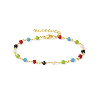 Womens Dainty Gold Chain Bracelet,Simple Layered Chain Bracelets,Beaded Turquoise Bracelet,Charm Crystal Bar,Heart,Karma,Triangle,Pearl Bracelets for Women - color: Multi-Color Crystal