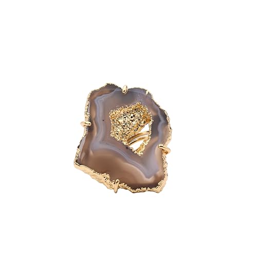 Ring Geode Druzy Slice Unique And Stylish Statement Gold Plated Jewelry Natural Gemstone Stone size 25-35 mm Approximately Adjustable Shank US Scale Size 6-9 - color: Gray, 9