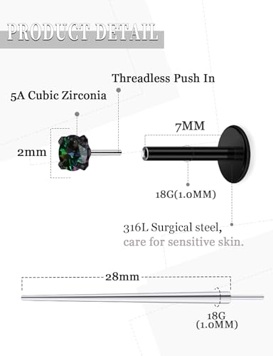20G 18G 16G Threadless Nose Rings Studs Flat Back Earrings Surgical Stainless Steel CZ Nose Rings Stud Tragus Helix Conch Cartilage Earrings Stud Piercing Jewelry For Women Men Hypoallergenic - color: Black-Rainbow CZ, size: 18 Gauge-7mm Bar-2mm CZ