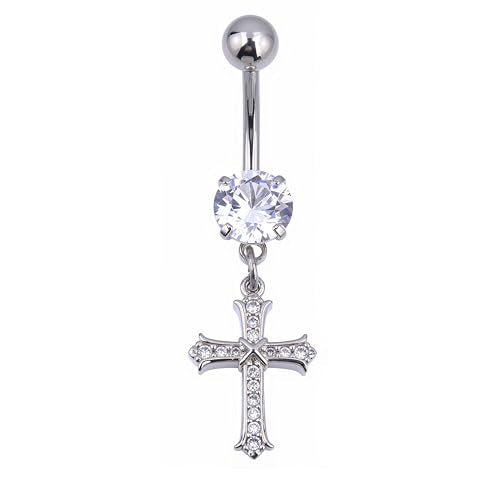 B BodyPJ Sparkles 14G Religious Belly Button Ring with Crystal Cross and Religious Charms, Stainless Steel - style: Type G,Silver