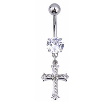 B BodyPJ Sparkles 14G Religious Belly Button Ring with Crystal Cross and Religious Charms, Stainless Steel - style: Type G,Silver