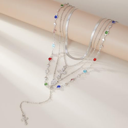 Layered Cross Necklace Set for Women, Layered Choker Necklaces Trendy Jewelry, Colorful Enamel Beaded Y-Shaped Lariat Necklace, Boho Multilayer Cross Necklace for Party and Daily Wear - color: Silver-04