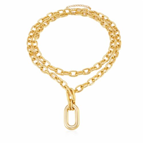 Gold Layered Chunky Chain Necklace for Women, Double Chain Paperclip Pendant Statement Choker, Trendy Minimalist Fashion Jewelry