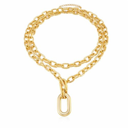 Gold Layered Chunky Chain Necklace for Women, Double Chain Paperclip Pendant Statement Choker, Trendy Minimalist Fashion Jewelry