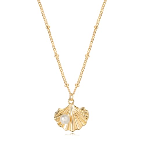 MTMY Gold Starfish Necklace 14K Gold Plated Shell Conch Ocean Pendant Necklace for Women Beach Summer Jewelry - style: pearl shell