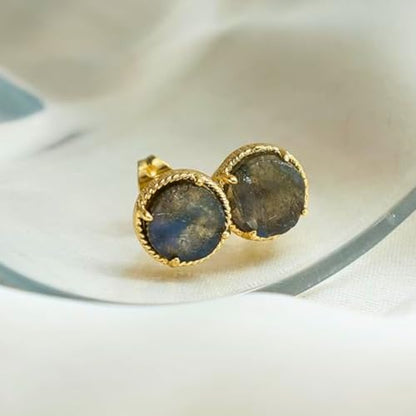 Gempires Gemstone Stud Earrings for Women 14k Gold Plated Prong Set Genuine Crystal Hypoallergenic Handmade Minimal Everyday Jewelry Elegant Birthstone Earrings Gift for Her - style: Labradorite