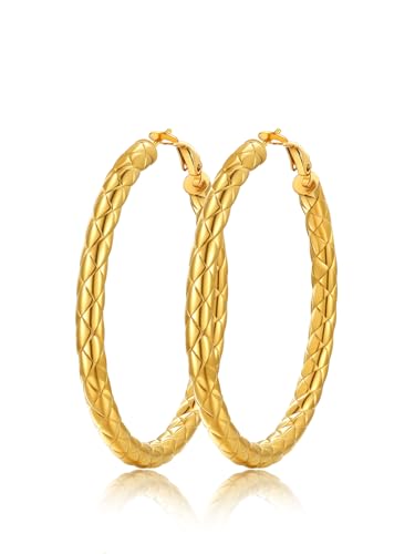 FindChic Chunky Hoop Earrings for Women, Silver/Black/14K Gold Plated Crossover Patterned Hollow Tube Rounded Loop Earrings, 30mm/40mm/60mm/80mm Hoops with Custom Name Options and Gift Box - color: c.Gold, size: 60MM
