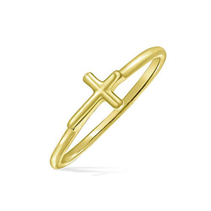 Bling Jewelry Minimalist Simple Midi Knuckle Thin 1MM Band Stackable Religious Sideways Cross Ring For Teen Yellow 14K Gold Plated .925 Sterling Silver - color: Gold-Tone