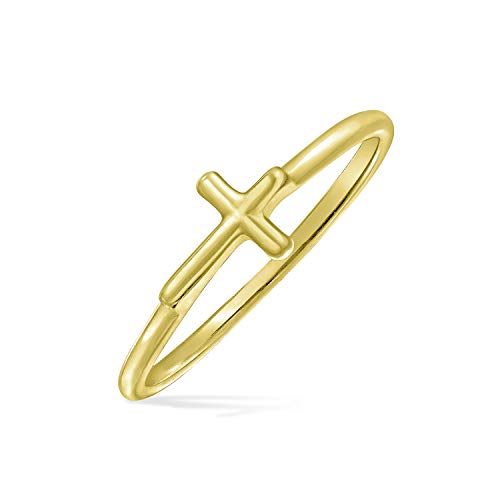 Bling Jewelry Minimalist Simple Midi Knuckle Thin 1MM Band Stackable Religious Sideways Cross Ring For Teen Yellow 14K Gold Plated .925 Sterling Silver - color: Gold-Tone
