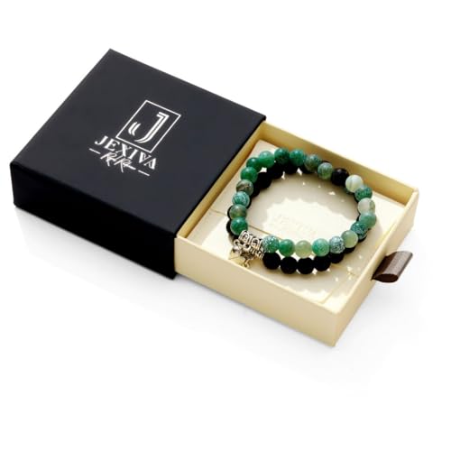 Set Of 2 Couples Bracelet Magnetic Healing Natural Bead Stone Stretch Bracelet Unisex Anniversary, Friendship, Valentine, Christmas Gift - color: Lava+Green Weathered, style: With Luxury Giftbox