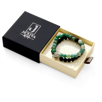 Set Of 2 Couples Bracelet Magnetic Healing Natural Bead Stone Stretch Bracelet Unisex Anniversary, Friendship, Valentine, Christmas Gift - color: Lava+Green Weathered, style: With Luxury Giftbox