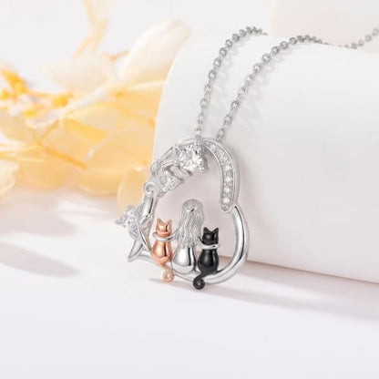 Heart Animal Necklace 925 Sterling Silver Cute Animal Pendant Jewelry Birthday Gifts for Women Girlfriend Mom Animal Lovers - style: 1-6 Two Cat