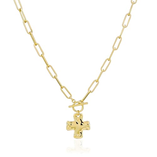 Bheop Chunky Cross Necklace for Women, 14K Gold Silver Statement Necklace | Sturdy Paperclip Chain, Hammered Pendant, Vintage Charm, Trendy Costume Jewelry, Faith Christian Religious Gift, Non Tarnish - style: GD-Toggle Necklace（1 inch Pendant)