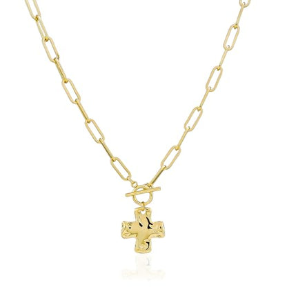 Bheop Chunky Cross Necklace for Women, 14K Gold Silver Statement Necklace | Sturdy Paperclip Chain, Hammered Pendant, Vintage Charm, Trendy Costume Jewelry, Faith Christian Religious Gift, Non Tarnish - style: GD-Toggle Necklace（1 inch Pendant)