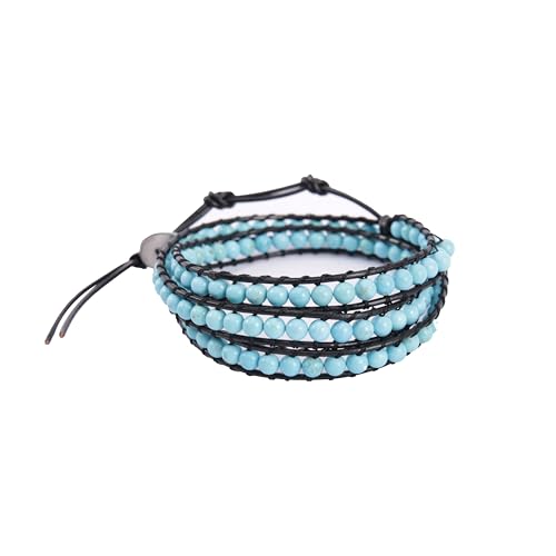 Handmade Alloy Leather Natural Stone Bead Statement Bracelet Bangle Cuff Rope 3 Wrap Adjustable Jewelry Collection - color: BlueTurquoise& 3Wrap Black Leather Cord
